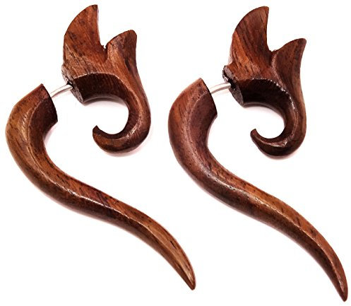 Faux Ecarteur Boucles d'oreilles Piercing Bois paire marron homme femme mixte Ethnique Gauge Expander Wood Wooden Fake Spirale