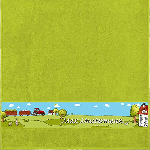 Manutextur Duschtuch mit Namen - Motiv Kinder - Bauernhof - viele Farben & Motive - personalisiert - hellgrün - Größe 70x140 cm - persönliches Geschenk