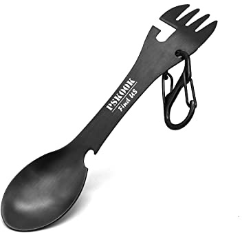 PSKOOK 5-in-1 Utility Tactical Spork, Stainless Steel Spoon & Bottle Opener, Fork & Knife, Can Opener Combo Camping Utensil for Hiking, Camping or Backpacking (Black)