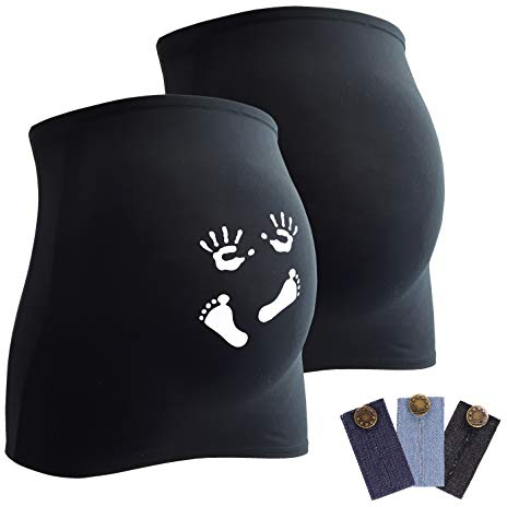 Mamaband Schwangerschaft Bauchband für die Babykugel im Doppelpack 1xUni 1xPrint – Rückenwärmer und Shirtverlängerung für Schwangere – Elastische Umstandsmode Schwarz 38-42