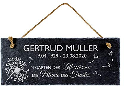 Casa Vivente Schiefertafel mit Gravur für das Grab, Tafel mit Inschrift Personalisiert mit Name und Datum, Blume des Trostes, Trauer Türschild mit Juteband, Dekoration