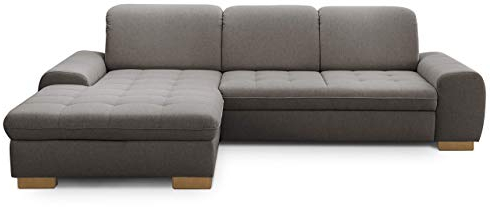 CAVADORE Sofaecke Lexi im Landhausstil / Schlafsofa in L-Form mit XXL-Longchair links und Federkern / Inkl. Bett, Bettkasten und Kopfteilfunktion / 275 x 82-99 x 173 / Flachgewebe: Hellgrau