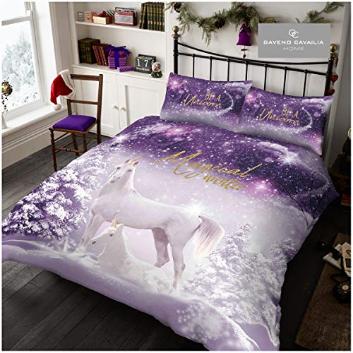 Gaveno Cavailia Luxuriöse Qualität Xmas Be A Unicorn Weihnachts-Bettbezug, Premium weich und gemütlich, glänzend, Bettwäsche-Set, King Size, lila, Polyester, violett, Doppelbett