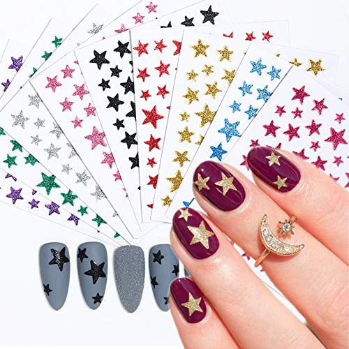 10 Sheets Star Nail Art Stickers Decals, Kalolary Nail Art Supplies 3D Self-Adhesive Holographic Laser Star Nail Art Sticker Five-Pointed Star Foil Paper for Nails Design Manicure