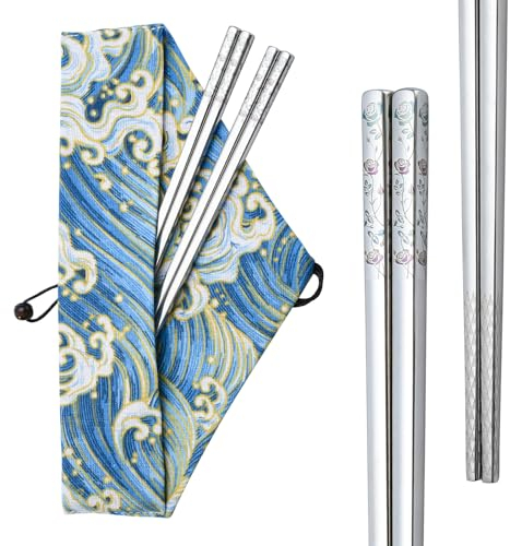 CATHYLIFE Palillos de metal, estilo étnico asiático oriental, grabado láser colorido, acero inoxidable chapado en titanio, apto para lavavajillas, palillos artísticos coreanos japoneses, 2 pares con