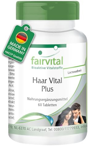 fairvital Haar Vital Plus, 60 Tabletten, mit Pantothensäure, Biotin, Zink, Vitamin A & B6 uvm., qualitätsgeprüft und hochdosiert, 100% vegan, Made in Germany