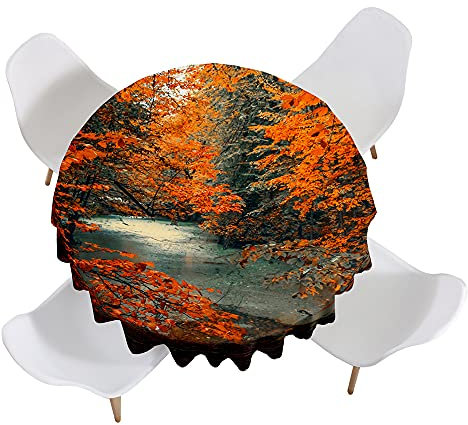 Morbuy Herbst Landschaft Drucken Tischdecke Rund Abwaschbar, Tischdecken Wasserdicht Lotuseffekt Abwischbar Tischtuch in Verschiedenen Größen für Küchentisch Garten Outdoor (180cm,Orange Wald)