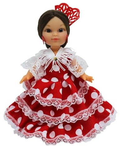 Folk Artesanía Puppe aus der Kollektion Regional, 25 cm. Typisches Kleid, Andalusik, Flamenca, Haarkamm, (Rot, Weiß)