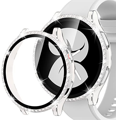 Kamita Coque à Paillettes pour Samsung Galaxy Watch FE/Watch 4 40mm, Dur PC Bumper Case avec 9H Verre Trempé Protecteur D'écran, Bling Diamant Housse de Protection pour Galaxy Watch4 (Argent-Blanc)