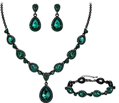 Clearine Y-Halskette + Ohrringe und Armband Marquise Kristall Tennis Armkette Hochzeit Braut Träne Diamant Kostüm Schmuckset für Damen Smaragd-Grün Schwarz-Ton