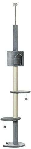 PawHut Floor to Ceiling Cat Tree for Indoor Cats, Kitten Tower, Condo, Multi-Layer Activity Center, Indoor Pet Play House with Solid Scratching Post Hanging Balls, Light Grey