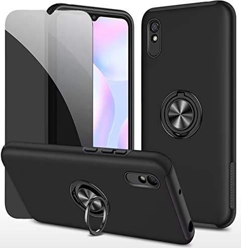 Dechyi Sichtschutz hülle für Xiaomi Redmi 9A /9AT Schwarz Handyhülle mit Anti-Spähen Displayschutzfolie mit Ringhalterung stoßfest, Kratzfest strapazierfähig Schutzhülle