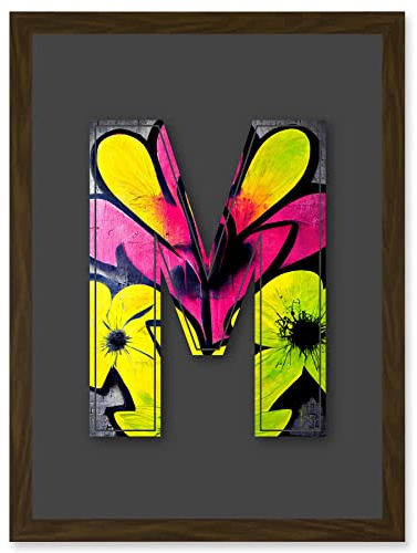 Wee Blue Coo Letter M Neon Yellow Flower Decorative Graffiti Mural Alphabet Initial Stencil Artwork Framed Wall Art Print A4