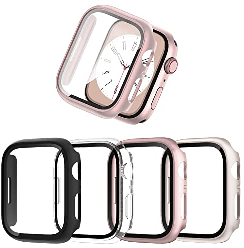 JZK 4-Stück Schutzhülle für Apple Watch Series 9/8/7 45mm, Hart PC Ultradünne Gehäuse Hülle Eingebaut Kratzfest Gehärtetes Glas Schutzfolie für iWatch 9/8/7 45mm, Schwarz/Klar/Roségold/Sternlicht