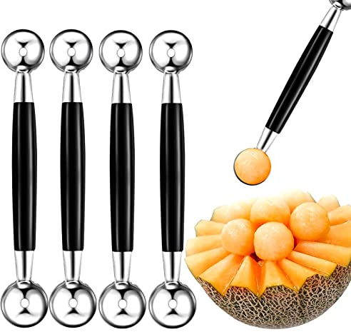 4 PCS Double Sided Melon Baller Set, Stainless Steel Fruit Melon Baller Scoop and Ice Cream Scooper with Non-Slip Grip, Perfect for DIY Fruit Salads and Desserts