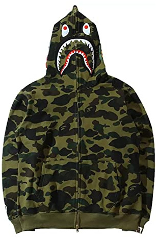 LIAOPUFUS Uomo 3D Stampato Shark Felpa con Cappuccio Hip Hop a Maniche Lunghe Zipper con Cerniera Mimetica Moda Street Wear