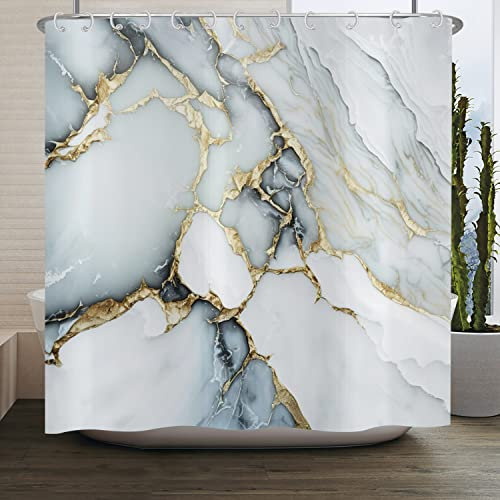 ASDCXZ Rideau de Douche Blanc Cyan Or Marbre 180x180 cm, Moderne Abstrait Blanc Or Cyan Aspect Marbre Texture Lavable Textile Rideau Douche imperméable pour Baignoire avec 12 Crochets