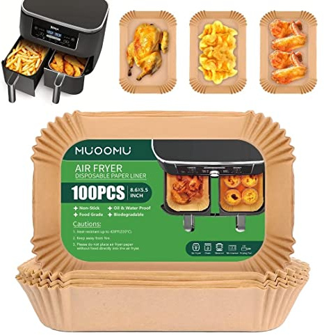 MUOOMU Air Fryer Einweg-Papiereinlagen für Ninja Dual Airfryer, antihaftbeschichtetes Pergamentpapier, rechteckig, Luftfritteusen-Zubehör, öldicht, Papiereinsatz für Mikrowelle (100 Stück, 21.8x14 cm)