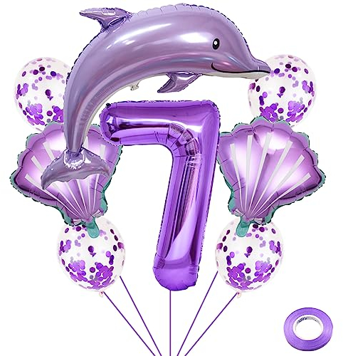 Weenkeey 7 Jahre Delfin Geburtstag Deko Große Delfin Folienballon 7. Geburtstag Delfin Ballons Lila Zahl 7 Luftballon für Mädchen Geburtstag Party