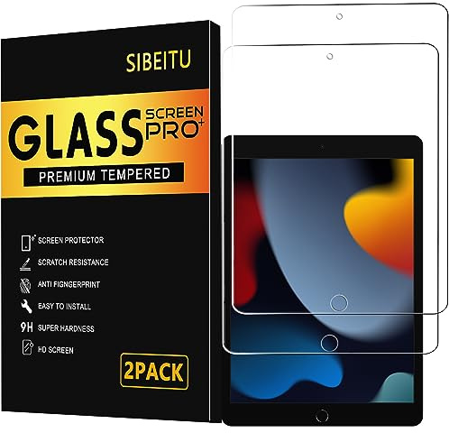 SIBEITU Paquete de 2 protectores de pantalla compatibles con iPad de 9ª 8ª 7ª generación de 10.2 pulgadas modelo A2602 A2197, protector de película de vidrio templado para iPad de 9ª generación 2021