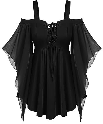 AMhomely Women's Gothic Shirts Mesh Trumpet Sleeve Flowy Tops Cold Shoulder Casual Tunic Blouse Halloween Medieval Punk Renaissance Blouses Y2k Clubwear Outfit