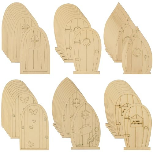 DAKFOOK 60 Stück Mini-Feentüren aus Holz, 6 Stile, unlackierte Feentüren, unlackierte kleine hölzerne Feentüren zum Basteln, DIY-Haus, Feen-Party-Dekorationen, Weihnachten