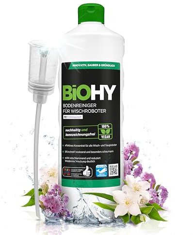 BiOHY Bodenreiniger für Wischroboter (1l Flasche) + Dosierer | Reinigungsmittel Konzentrat für alle Wisch & Saugroboter mit Nass-Funktion | Schaumarm & Streifenfrei | Für alle Böden