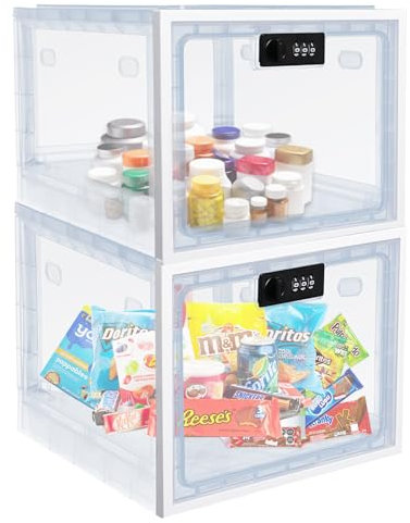 Gekufa Caja de Almacenamiento con Cerradura 2 Piezas, Caja Transparente con Cerradura de Combinación, Caja de Bloqueo Contraseña para Medicamentos Aperitivos y Productos Electrónicos (Blanco)