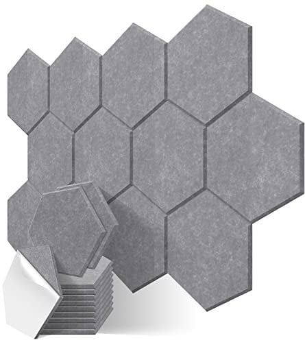 JBER 12 Pack Hexagon Acoustic Panels, Sound Proof Foam Self-adhesive,30 X 26 X 1cm High-Density Acoustic Wall Panels for Studio, Home Office(GREY)