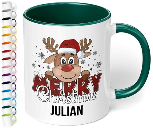True Statements Weihnachtstasse mit Namen personalisiert „Merry Christmas“ - mit Rentier-Motiv - 330ml Keramik Kaffeebecher mit Spruch – Geschenk für Kollegen & Familie (Dunkelgrün)