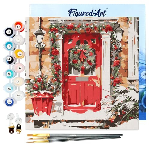 Figured'Art Mini Peinture par Numéro Adulte 20x20cm avec cadre Porte Rouge - Petit Format Kit de Loisir Créatif DIY Numéro d'Art Complet