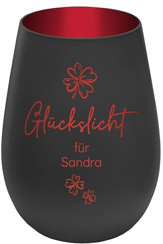 Graviertes Windlicht Glückslicht - personalisierbar mit Wunschtext - Schwarz/Rot - Höhe 12 cm - Geschenk Teelichthalter Kerzenglas