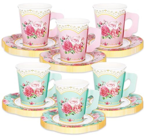JarThenaAMCS 24Sets Tea Party Decorations 24 9oz Mint Green Pink Floral Paper Tea Cups with Handle and 24 5.5in Plates for Spring Tea Party Tableware Supplies