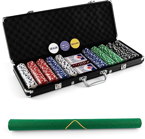 GOPLUS Pokerset mit 500 Chips, Pokerkoffer aus Alu, Poker Set mit 2 Kartendecks, 5 Würfel, Spielmatte, 5 Dealer Buttons, für Pokerspiel Partys (Schwarz)