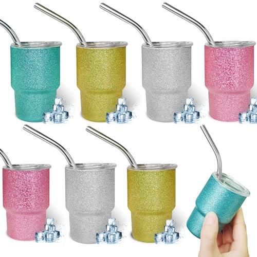 LYAPEONY 8pcs 2oz Mini Tumbler Shot Glass, Cute Stainless Steel Cup with Lid and Straw, Perfect for Weddings, Parties, Bars, Trips, Camping