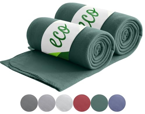 wometo 2er Set Eco Fleecedecken aus 100% recyceltem Material + OekoTex und GRS Zertifiziert 130x160 cm ca. 400 g - dunkelgrün mit Anti-Pilling und Kettelrand
