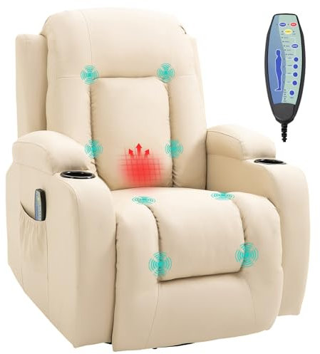 HOMCOM Sillón de Masaje Giratorio con 8 Puntos de Masaje Vibrante Sillón Relax Reclinable con Función de Calefacción Lumbar Mando a Distancia Butaca Reclinable para Salón 85x94x104 cm Crema