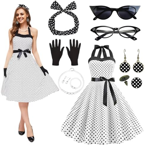 Antsparty 50er Jahre Kostüm Damen, 1950s Kostüm Set mit Vintage-Kleid und 9Pcs 50er Jahre Zubehör, Rockabilly Kostüm Damen für Karneval Motoparty Retro Teily Party
