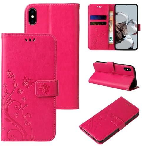 LBH Handy Hülle für Apple iPhone XS Case Handytasche Schmetterling Blumen Flower Standfunktion Schutzhülle Magnet Rundum Schutz 360 Grad Flipcase Cover Pink