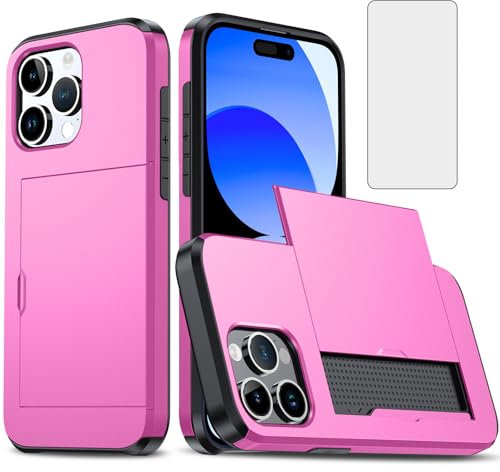 Asuwish Phone Case for iPhone 15 Pro Max 6.7 inch with Tempered Glass Screen Protector Cover and Accessories Card Holder Slot Slim Cell Hybrid i Phone15 15Pro i15 ProMax 15ProMax Women Men Pink
