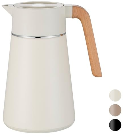 VETIN Thermos de 1,5 l avec passoire à thé, théière avec infuseur thermique, en acier inoxydable 304, avec poignée aspect bois, chaleur 10 h / froid 16 h (blanc + beige)