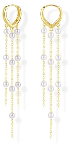 Gold Hängende Ohrringe Damen, Lange Perlen Ohrringe Hypoallergen Lange Quasten Perlen Anhänger Ohrring Hängende Ohrring Quasten Hängeohrringe für Damen Mädchen