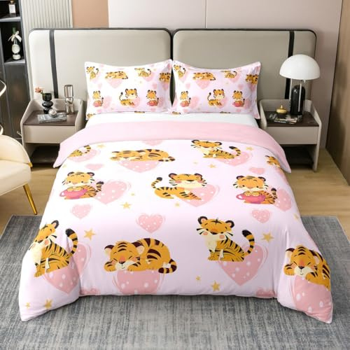 Cartoon Tiger 100% Baumwolle Bettbezug 135x200 für Kinder Jungen Mädchen,Dschungel Tiger Bettwäsche Set,Rosa Liebe Herz Bett Sets,Zoo Tier Bettbezug mit 1 Kissenbezug Weich,Kein Tröster