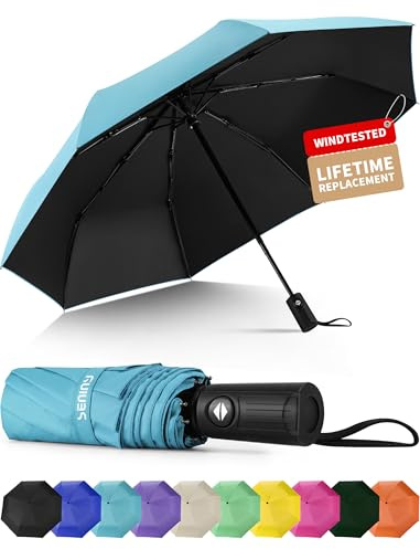 Seniny Windproof Travel Umbrella, Automatic Umbrellas for Rain, Portable & Compact Umbrellas for Backpack, Strong UV for Protection, Folding Small Sun Umbrella for Car, Walking, Blue