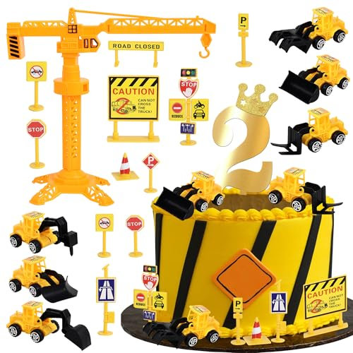 SYKYCTCY 17 Stück Baufahrzeuge Tortendeko Set Straße Schild Turm Bagger Kuchen Deko Acryl Anzahl 2 Cake Topper für Bau Thema Baby Dusche Kinder 2. Geburtstag Party Kuchen Dekorationen