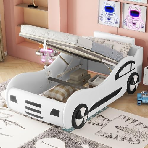 Generisch Flachbett 90x200 cm Autobett für Kinder, mit Lattenrost und Stauraum, weiß/grau, kreatives Design, fördert Fantasie, sicher und komfortabel, ideal für Kinderzimmer, ohne Matratze.