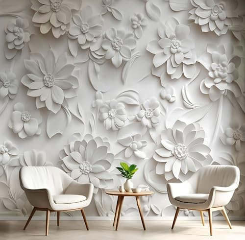 Fototapete 3D Effekt Tapete 3D-Relief Tapeten, WeißE Blumen Seidetapete Wandbilder Schlafzimmer Wanddeko Wohnzimmer 150×105 CM (W×H) Wallpaper Wand Deko