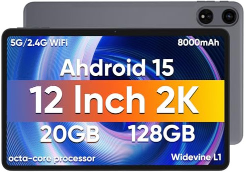 HNVHNV Android 15 Tablet 12 inch Tablet, 20GB RAM 128GB ROM 2TB Expanded, Octa Core Processor, 2000x1200 IPS HD Touchscreen, 8000mAh, 5G WiFi, BT5.0, 5MP+13MP Dual Camera, Widevine L1, GPS (Gray)