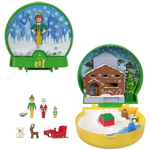 Polly Pocket Coffret Elfe en partenariat avec Le Film, Mini-Figurines et Coffret sur Le thème des fêtes, 6 Accessoires à thème, Mini-Figurines de Buddy, père Noël et Papa Elfe, JGT05
