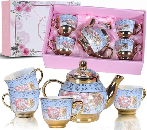 Tea Coffee Sets 5 Piece Porcelain Tea Cup Set, Espresso Set Vintage Teapot 240ml, 90ML Coffee Cups, European Ceramic Coffee Service Set for 6 People, Elegant Gift for Women,Party, Afternoon Tea, Pink